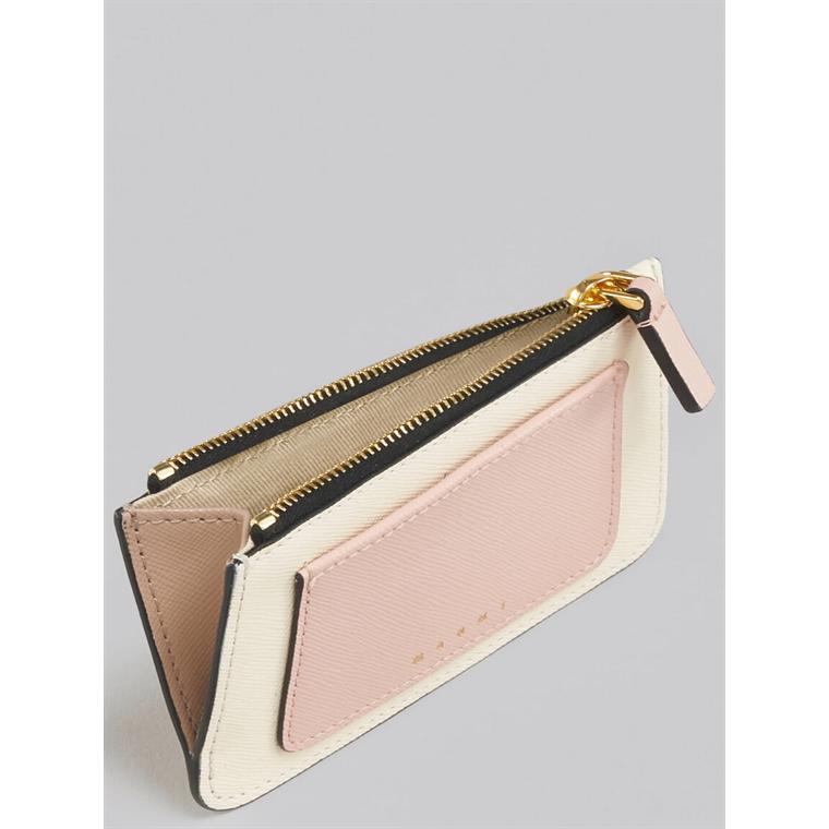 MARNI Saffiano Credit Card Holder W/Zip, Camellia/Talc